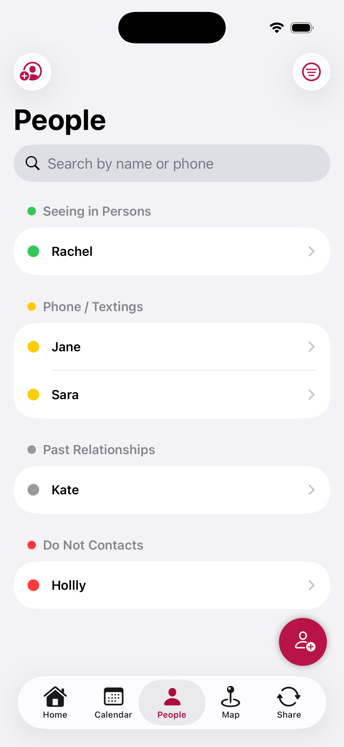 PMG Dating People list screenshot